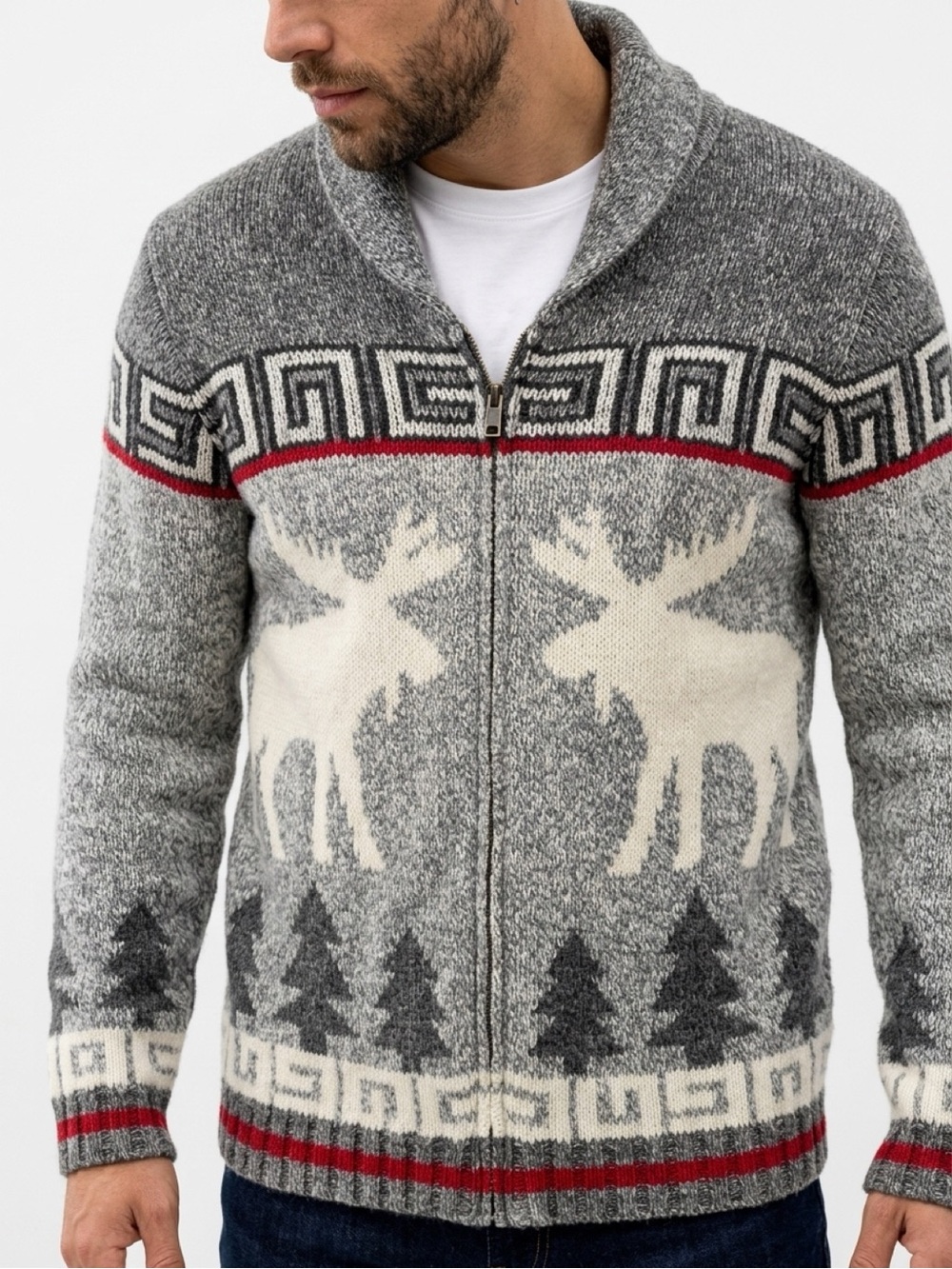 Canadiana Canada Moose Full Zip Knit Sweater Jacket XL Maple Leaf on back🍁